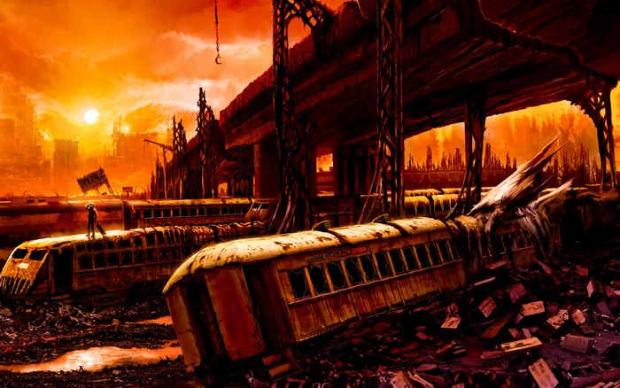 Romantically Apocalyptic trains under a bridge