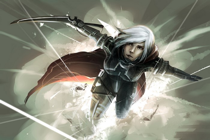 Female warrior in armor with sword and cloak in motion