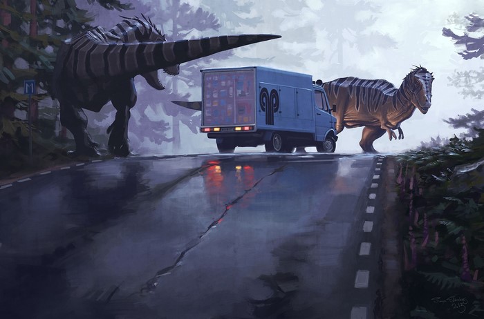 Dinosaurs blocking a delivery truck on a wet road