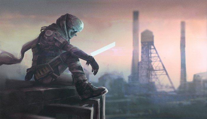 Robot sitting on a ledge overlooking industrial background