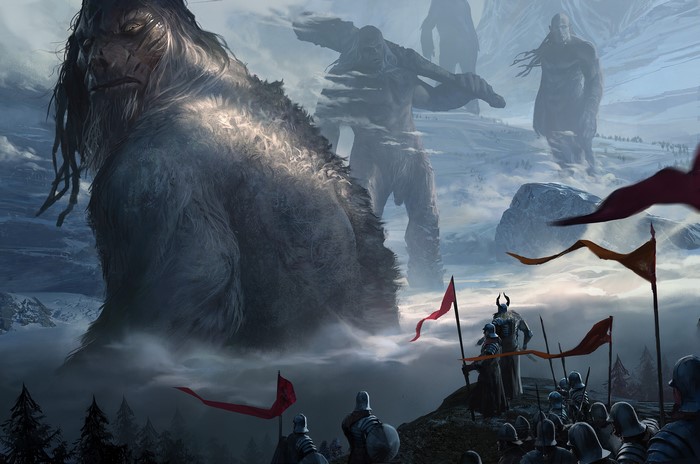 Giants and Warriors in a Snowy Landscape