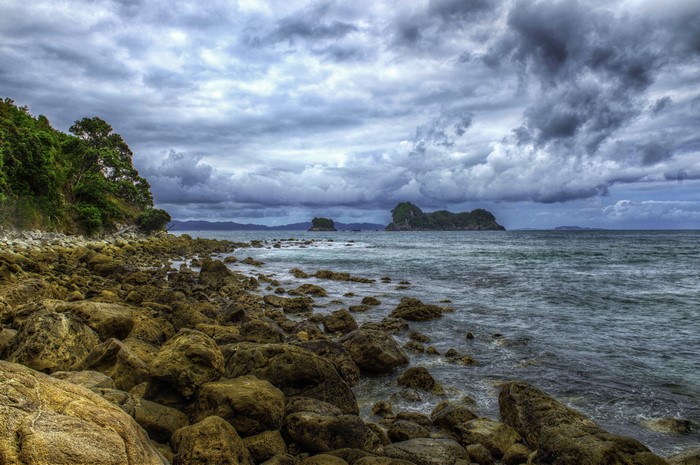 Rocky coast with islands under cloudy sky in New Zealand