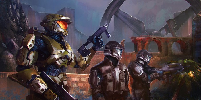 Warriors in Halo armor with assault rifles in ruins