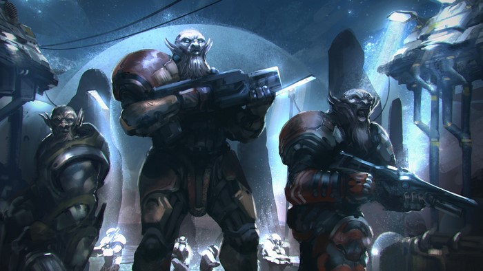 Alien warriors with assault rifles in futuristic armor