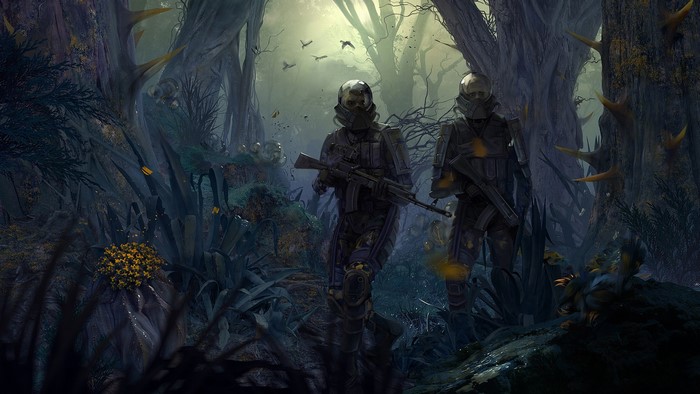 Warriors in alien forest with assault rifles