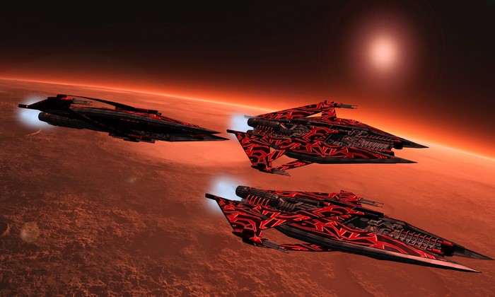 Three Babylon 5 cruisers in orbit