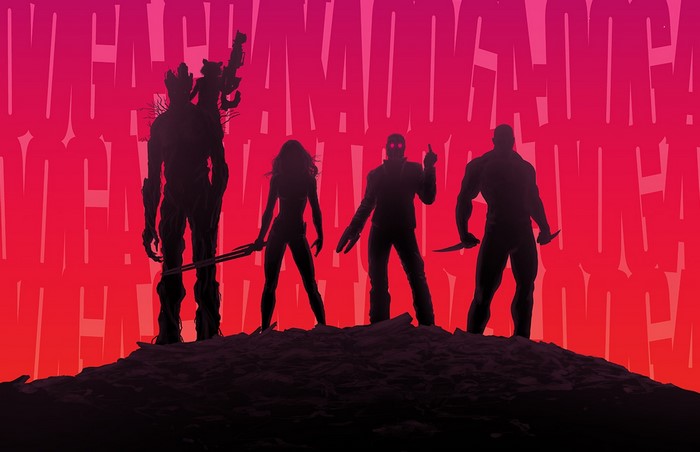 Guardians of the Galaxy silhouettes against a pink and red gradient