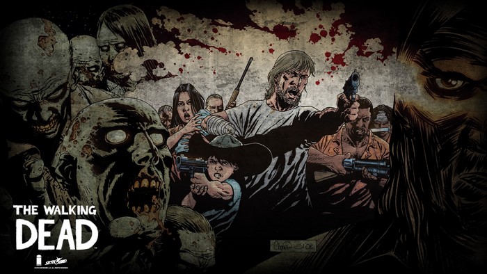 The Walking Dead comic art with zombies and survivors