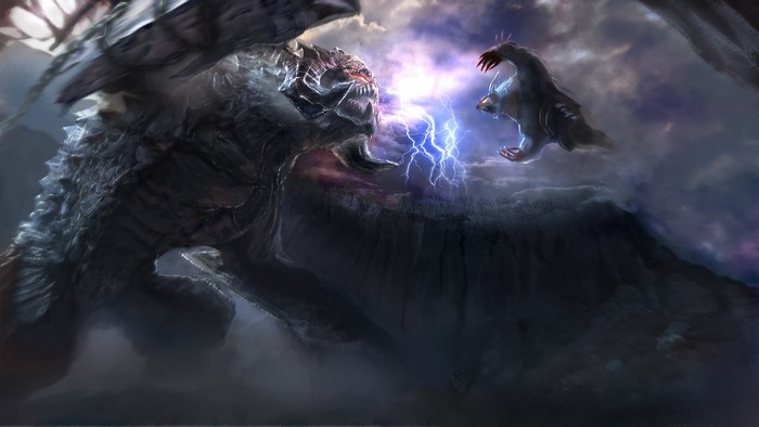 Roshan and Ursa Warrior from DOTA 2 battling with lightning