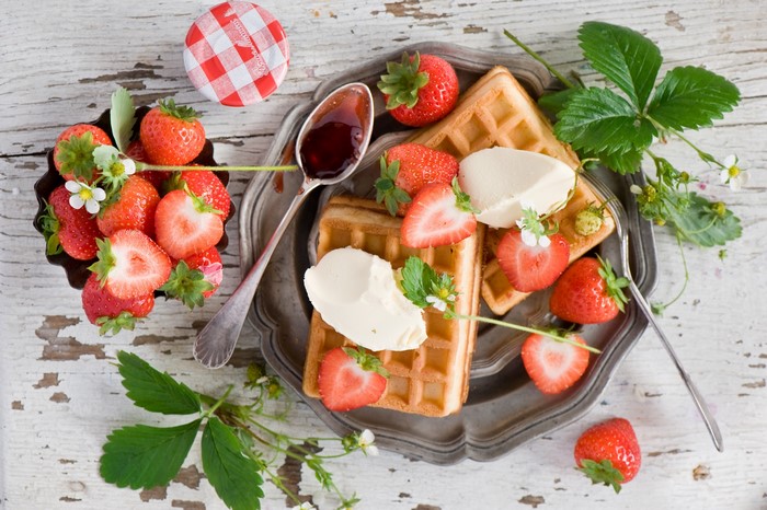 Waffles with Strawberries and Cream