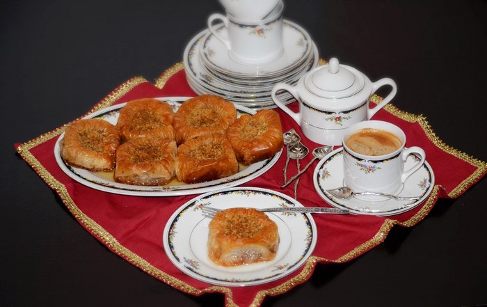 Baklava pastries with coffee and tea set