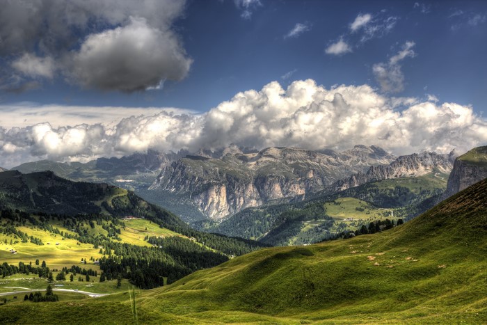 Green Mountains and Cloudy Sky in Italy
