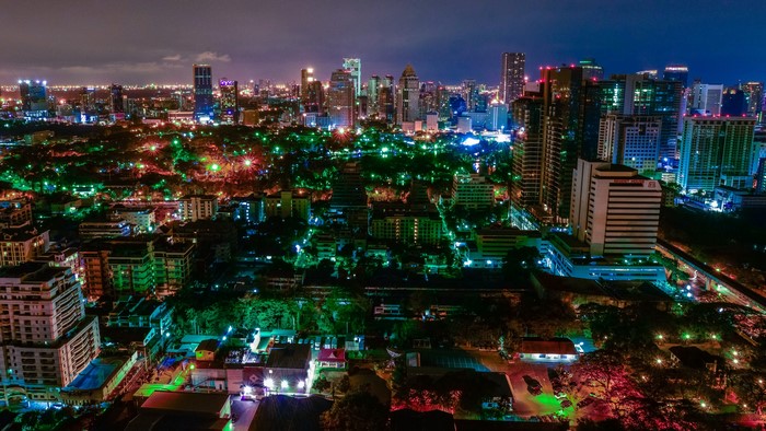 Bangkok cityscape at night with colorful lights