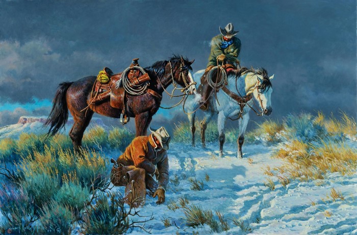Cowboys and horses in a snowy landscape