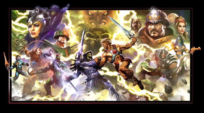 He-Man and Skeletor battle amidst Masters of the Universe characters