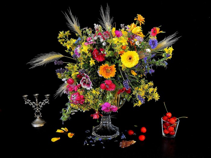 Still life with wildflowers, cherries, and candelabra