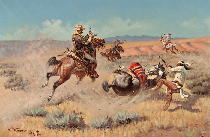 John Wade Hampton painting of a cavalry charge against Native Americans