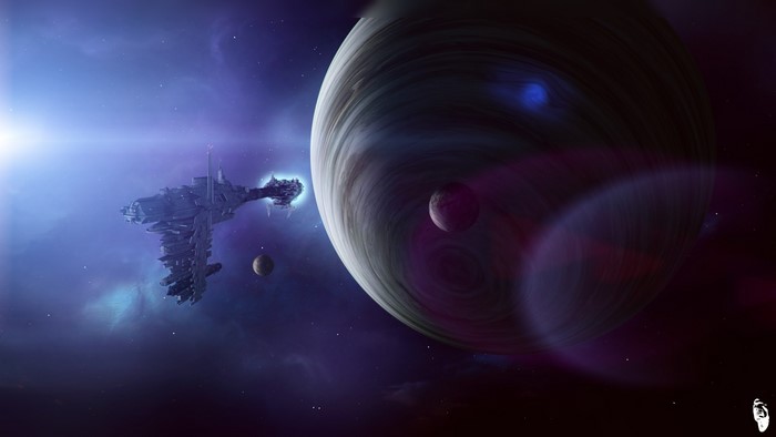 Spaceship near a large planet and moons