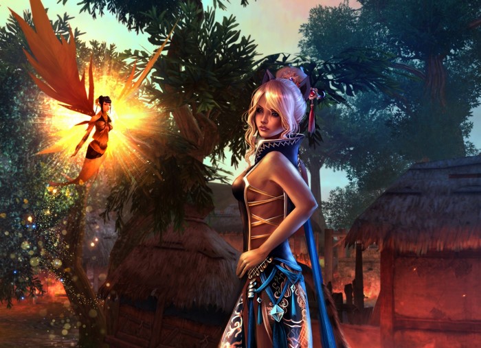 Blonde woman and fairy in a village