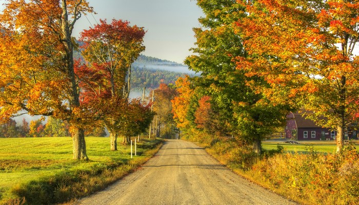 Autumn road with colorful trees and a red barn