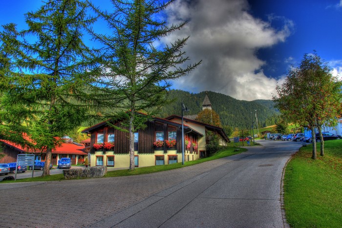 Street in Berchtesgaden, Germany with Houses and Trees