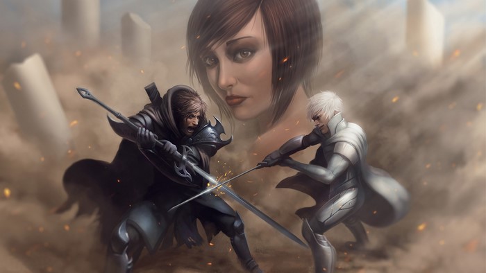 Two warriors in armor fighting with swords, giant woman's face in background