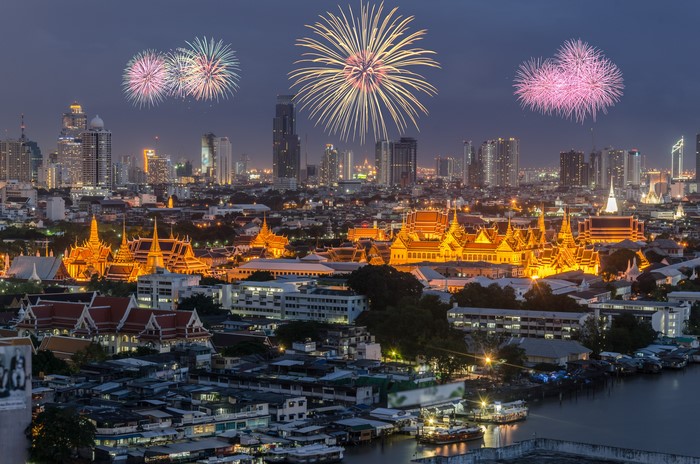 Bangkok skyline with fireworks over Grand Palace