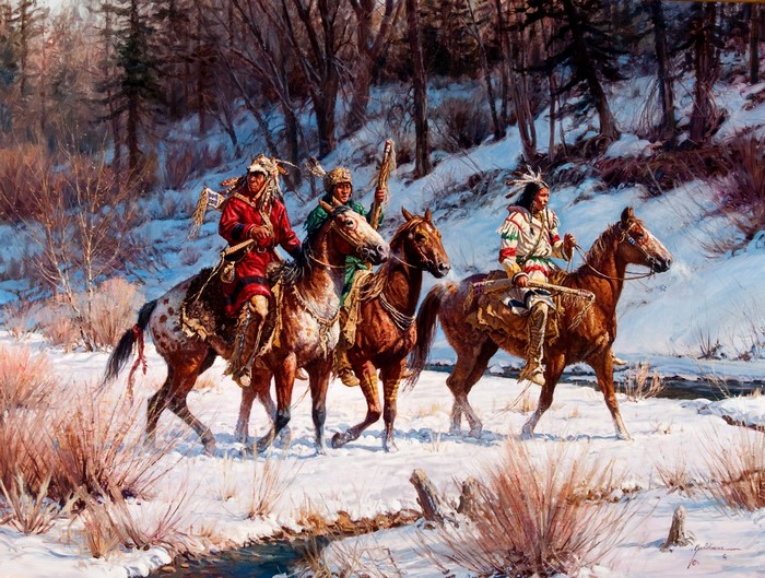 Three Native Americans on horseback in a snowy forest