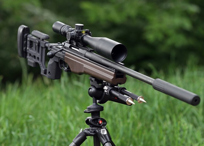Sako TRG-22 sniper rifle with telescopic sight on tripod