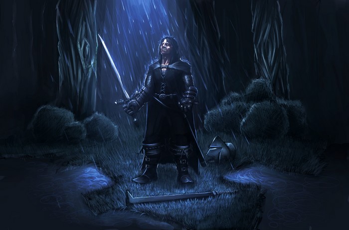 Warrior in the rain with swords