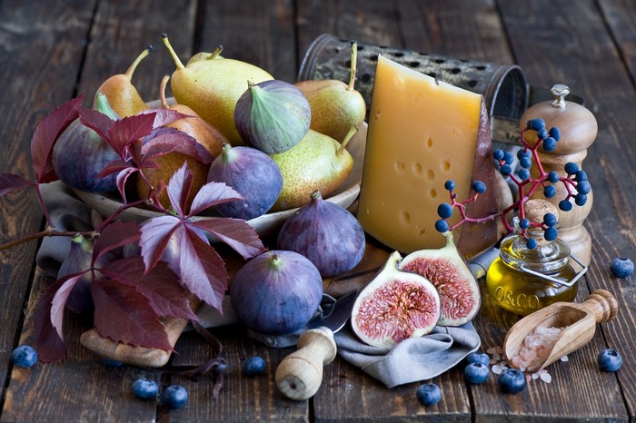 Still-life with figs, pears, cheese, and blueberries