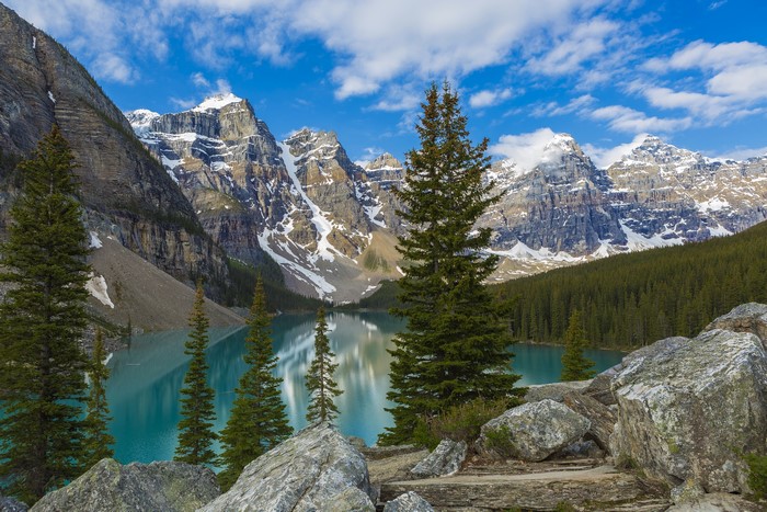 Moraine Lake Scenery with Mountains and Spruce Trees in Banff National Park, Canada