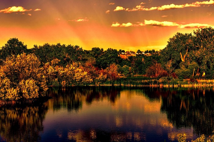 Autumn trees reflected in a lake at sunset