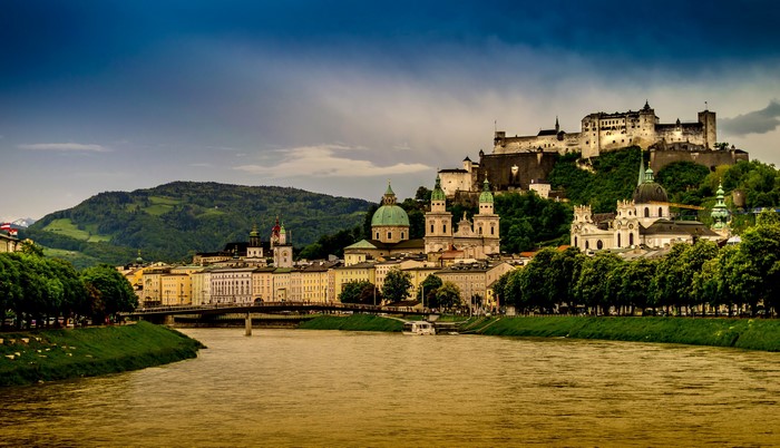 Salzburg cityscape with river and castle