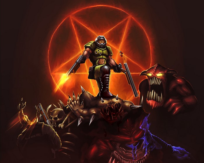Doom Slayer and demons against a pentagram