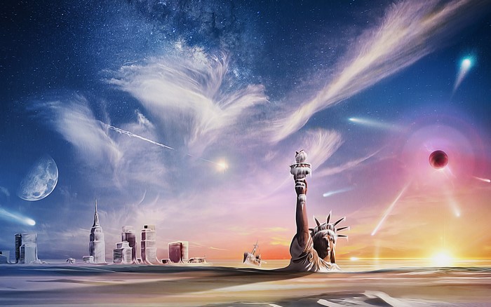 Apocalypse with Statue of Liberty and Cityscape