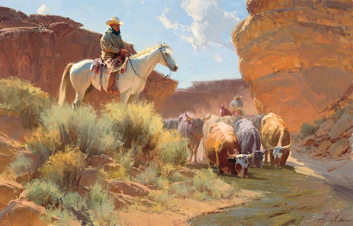 Cowboys Herding Cattle in a Canyon by Bill Anton
