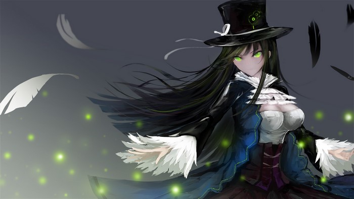 Anime girl with black hair and green eyes wearing a top hat