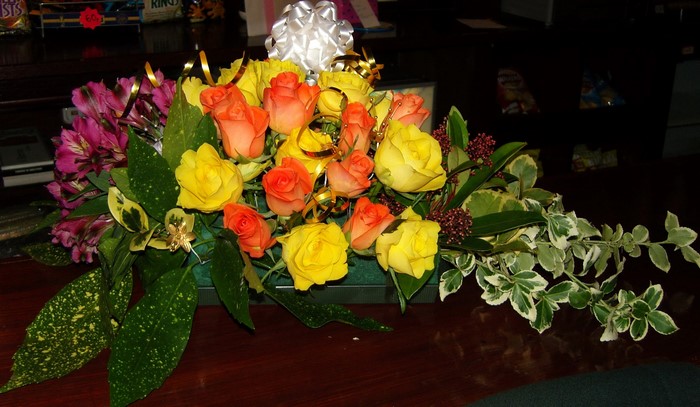 Bouquet of Roses and Alstroemeria with Decorative Ribbon
