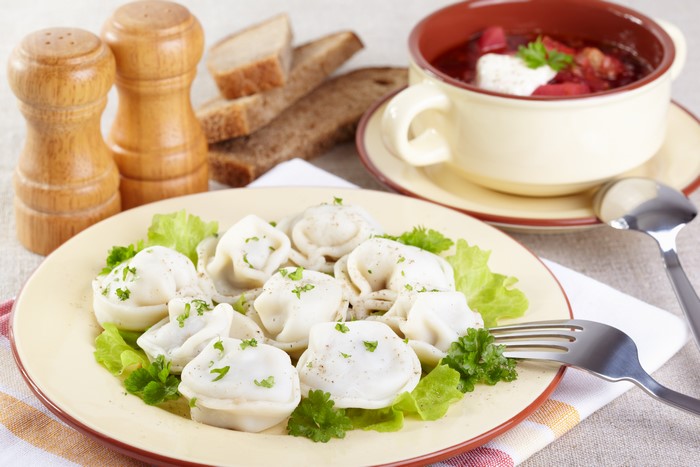 Pelmeni with Borsch and Bread