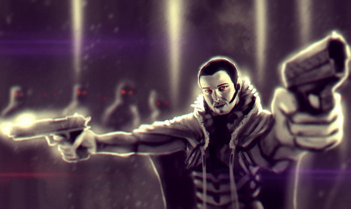 Man with pistols facing vampires