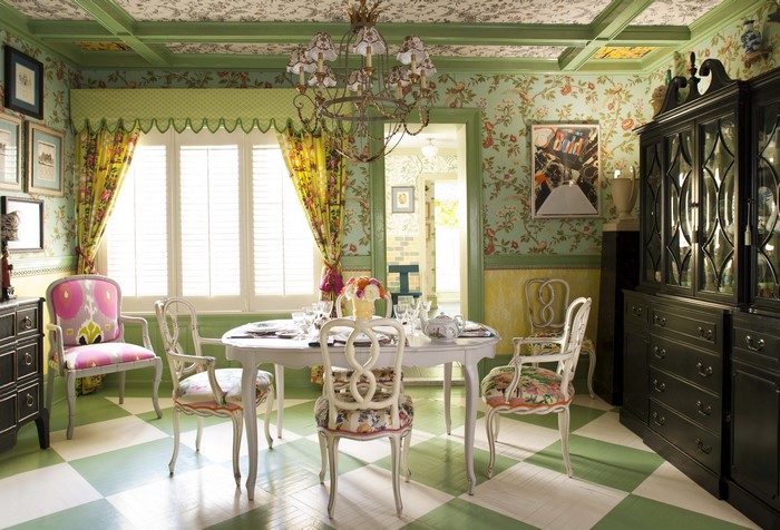 Dining room with floral wallpaper and checkered floor