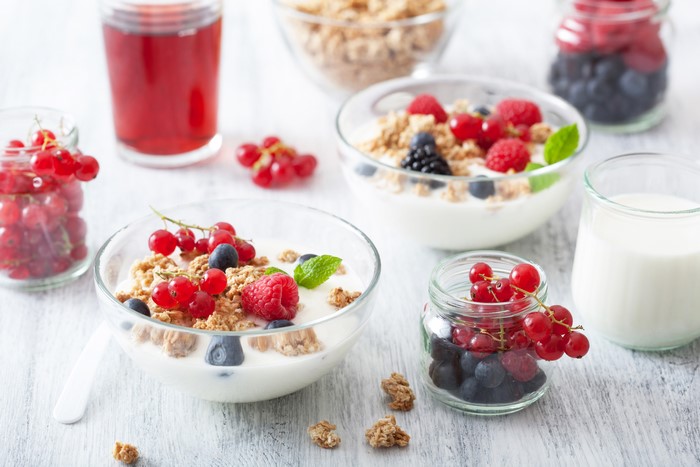 Berries and Granola with Juice and Milk