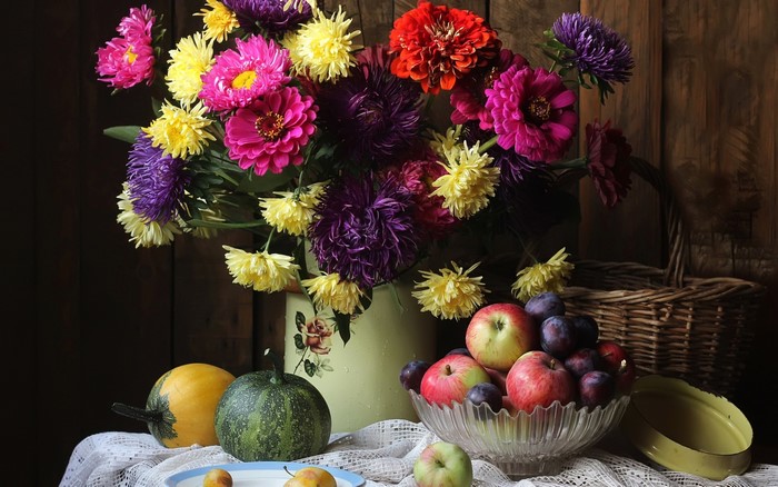 Still-life with Asters, Zinnia, Apples, Plums, and Pumpkin