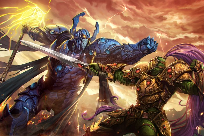 Two armored warriors fighting with swords and a warhammer