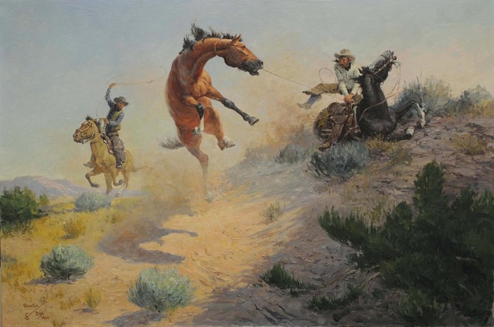 Cowboys lassoing a bucking horse in a dusty landscape