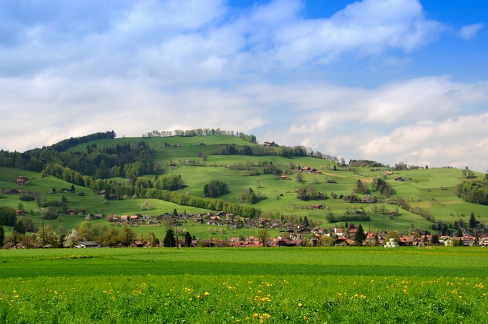 Houses and fields in Wattenwil, Switzerland