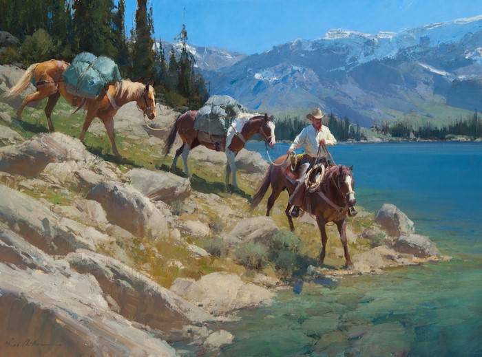 Bill Anton painting of cowboys and horses by a lake