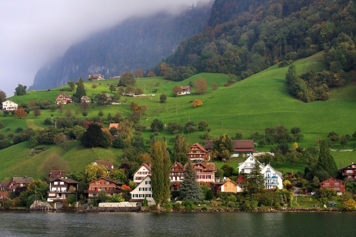 Houses on a green hillside by a lake in Switzerland