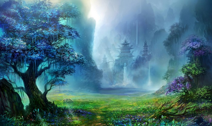 Fantasy landscape with castles and trees